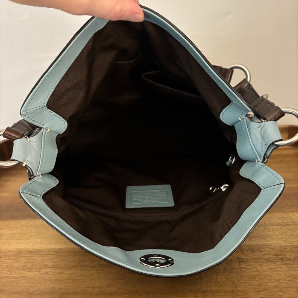 Coach Chelsea Turn Lock Light Teal Blue Green Pebbled Leather Brown Handled Hobo - Picture 8 of 9